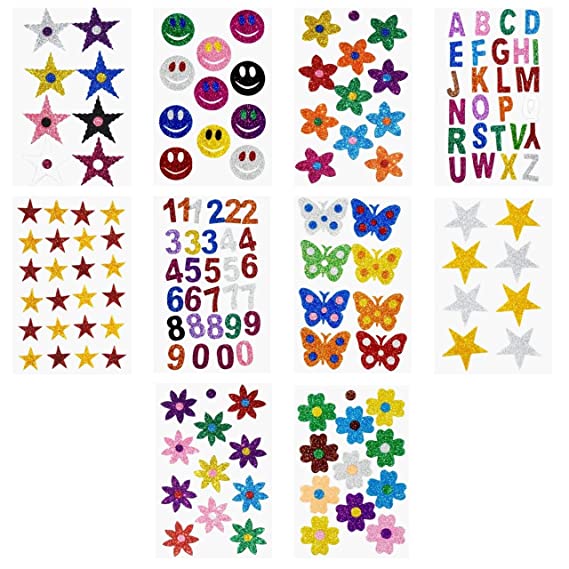 3D Foam Glitter Stickers with Different Shapes & Figures for Kids | Set of 10 | Non-Toxic | Self Adhesive | Arts & Craft | Scrapbook Stickers | Kids Room Wall Decoration Stickers | TR 126